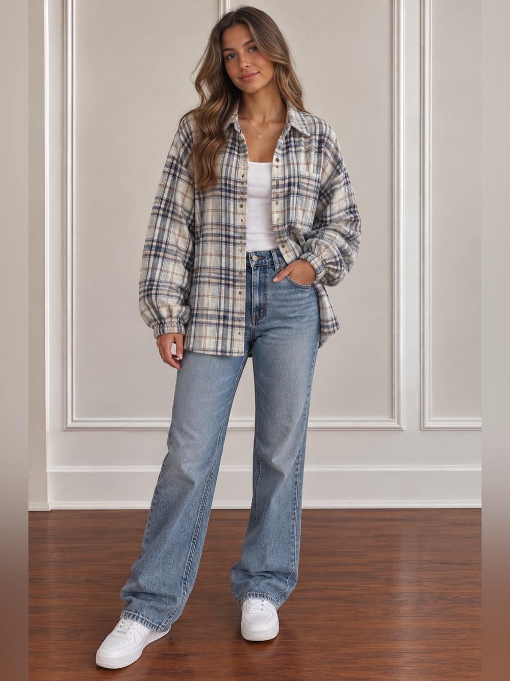 Harlow White and Blue Plaid Button-Down Shirt